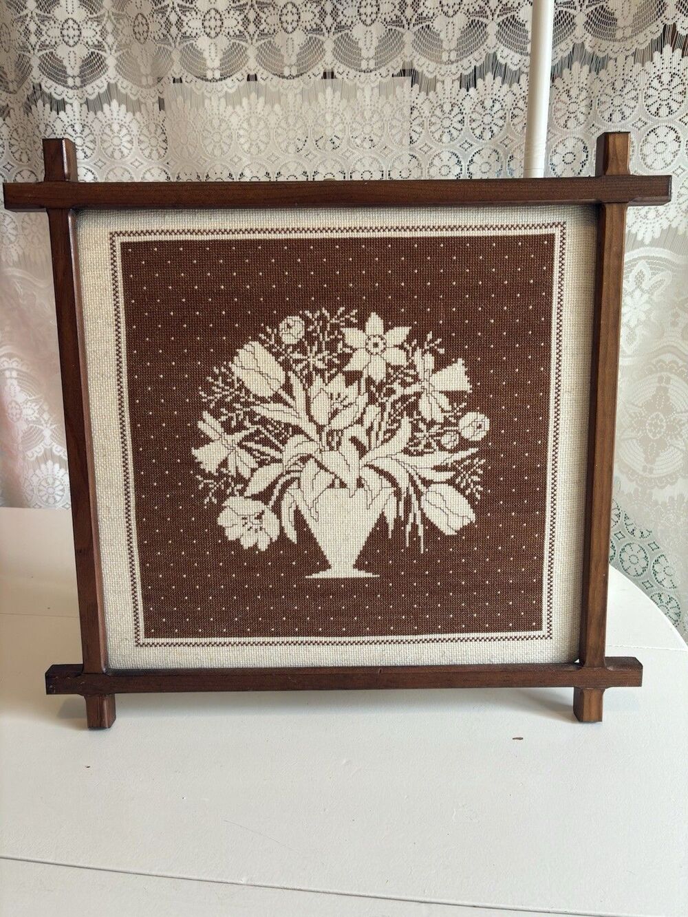Vintage Mid Century MCM Cross Stitch Needlepoint Floral Bouquet Wall Cottagecore